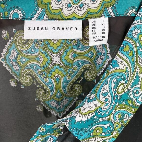 Susan Graver Button Front Vest Set Women L Black Teal Green Chiffon Knit Paisley - Picture 6 of 12
